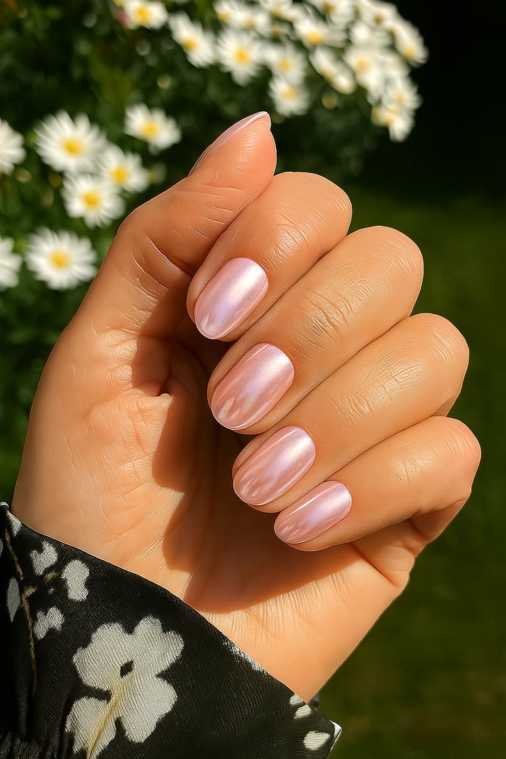 Light Shimmery Pink Pearlescent Nails Light Shimmery Pink Pearlescent Nails — Short Nails 2027 for Mature Hands