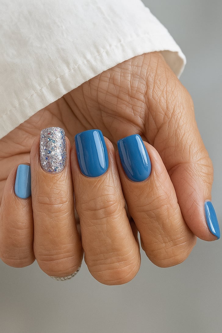Glossy Blue With Silver Glitter Accent Glossy Blue With Silver Glitter Accent — Short Nails 2027 for Mature Hands