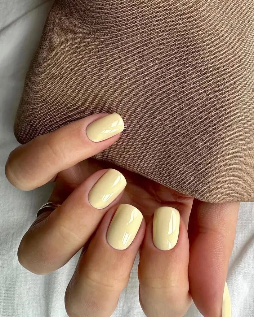 Soft Glossy Pale Yellow Short Square Soft Glossy Pale Yellow Short Square — Short Nails 2027 for Mature Hands