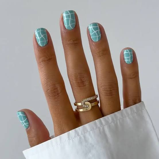 Teal With White Grid Pattern Nails Teal With White Grid Pattern Nails — Short Nails 2027 for Mature Hands