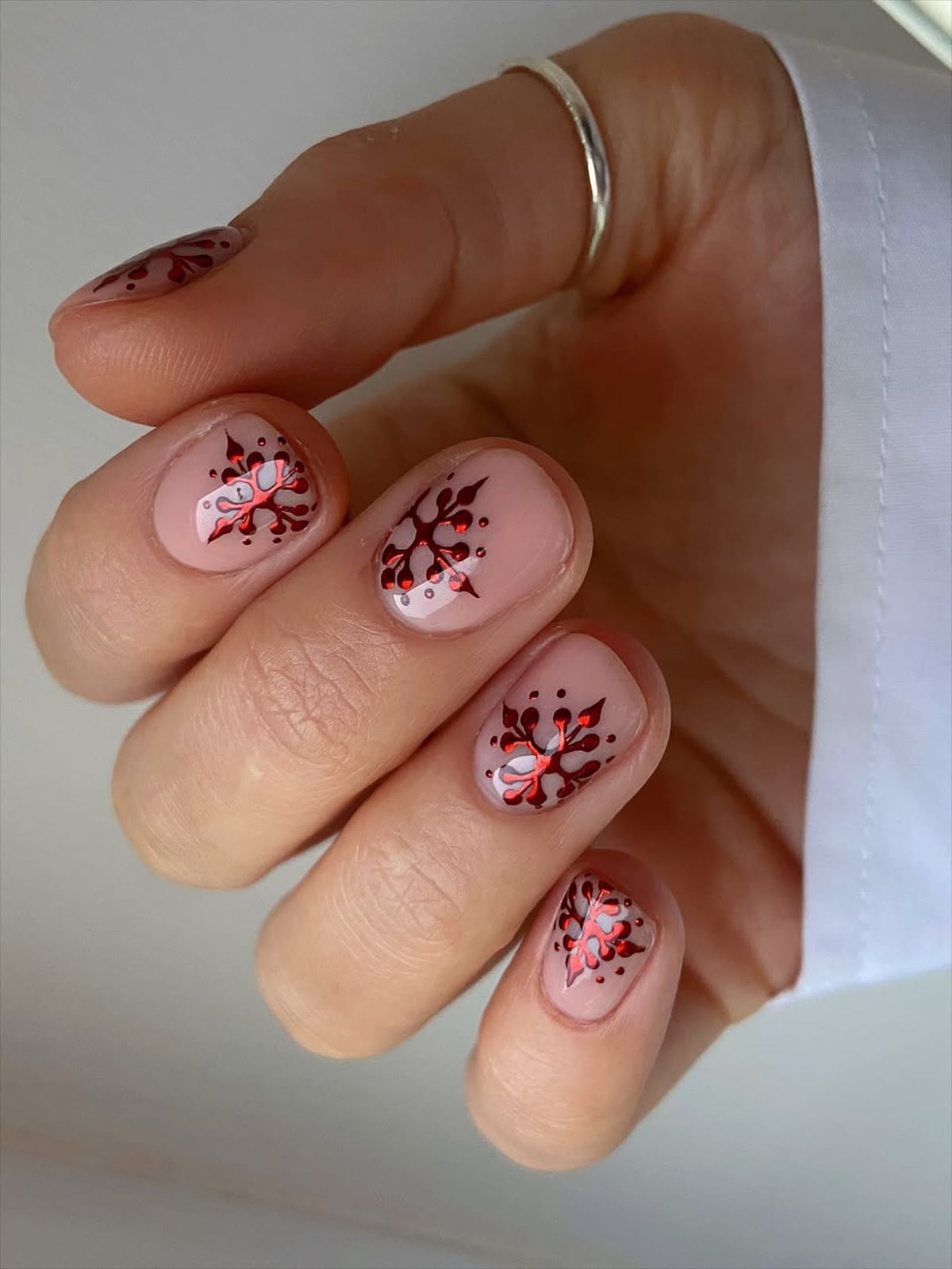 Nude With Red Snowflake Accent Nails Nude With Red Snowflake Accent Nails — Short Nails 2027 for Mature Hands