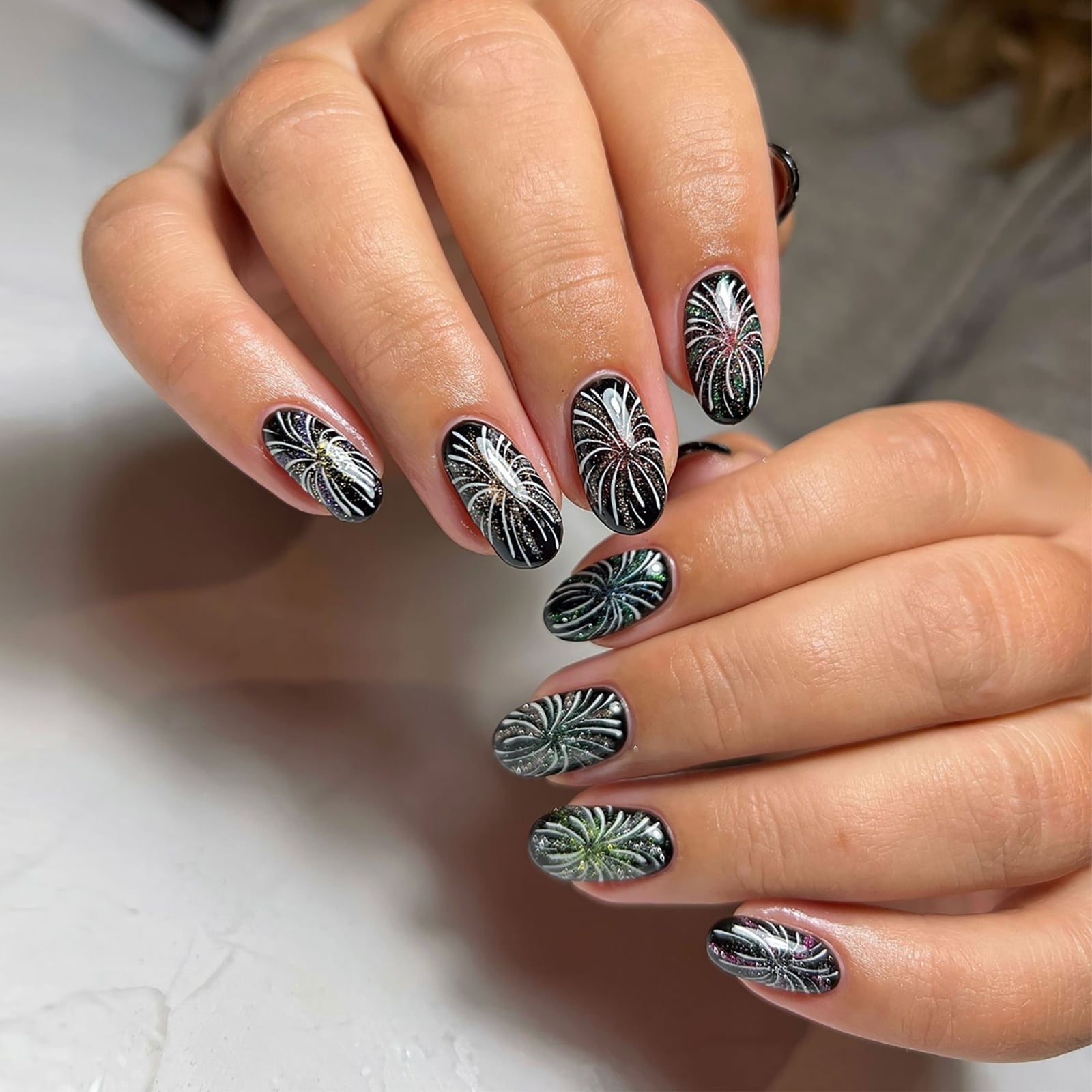 Black With Holographic Firework Art Black With Holographic Firework Art — Short Nails 2027 for Mature Hands