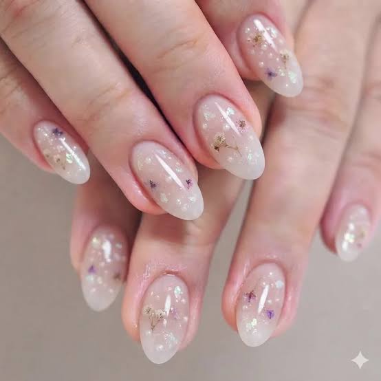 Milky White With Dried Flowers Glitter Milky White With Dried Flowers Glitter — Short Nails 2027 for Mature Hands