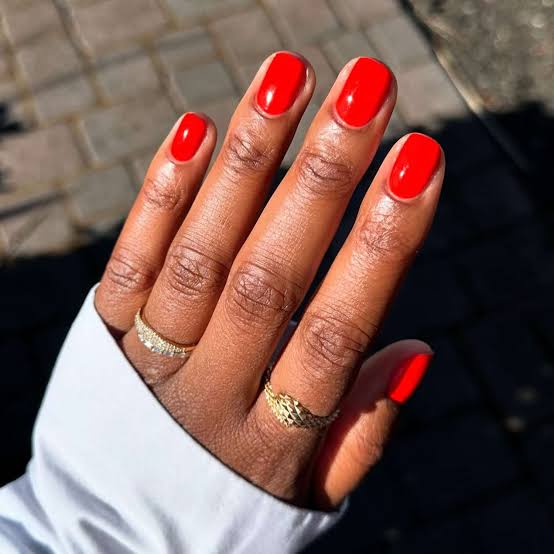 Bright Glossy Red Short Oval Nails, Solid Color Bright Glossy Red Short Oval Nails, Solid Color — Short Nails 2027 for Mature Hands