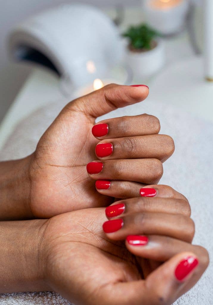 Vibrant Red With Gold Foil Tip Nails Vibrant Red With Gold Foil Tip Nails — Short Nails 2027 for Mature Hands