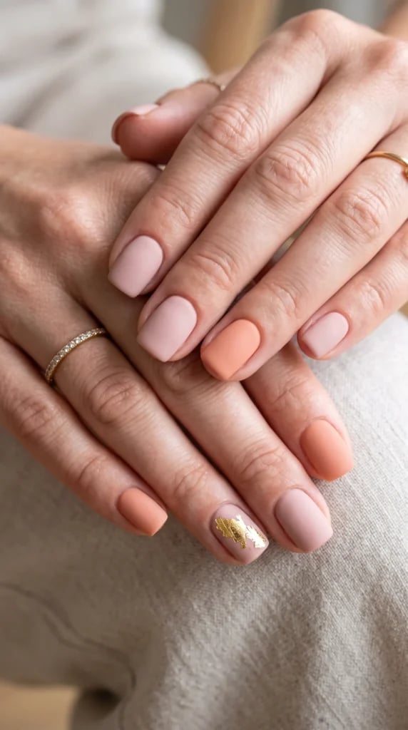 Peach and Dusty Rose Matte Nails with Gold Foil Peach and Dusty Rose Matte Nails with Gold Foil — Short Peach Nails 2027