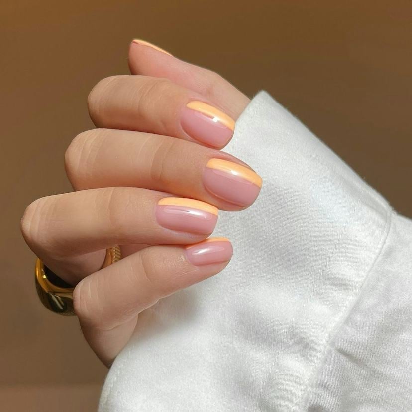 Sheer Pink with Orange French Tips and Floral Accents Sheer Pink with Orange French Tips and Floral Accents — Short Peach Nails 2027