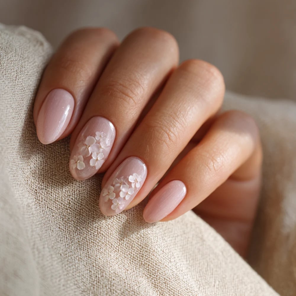 Pale Pink Shimmer Short Oval Nails with 3D Flowers Pale Pink Shimmer Short Oval Nails with 3D Flowers — Short Peach Nails 2027