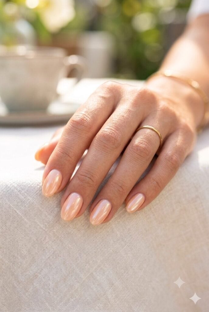 Pearlescent Peach Shimmer Short Oval Nails Pearlescent Peach Shimmer Short Oval Nails — Short Peach Nails 2027