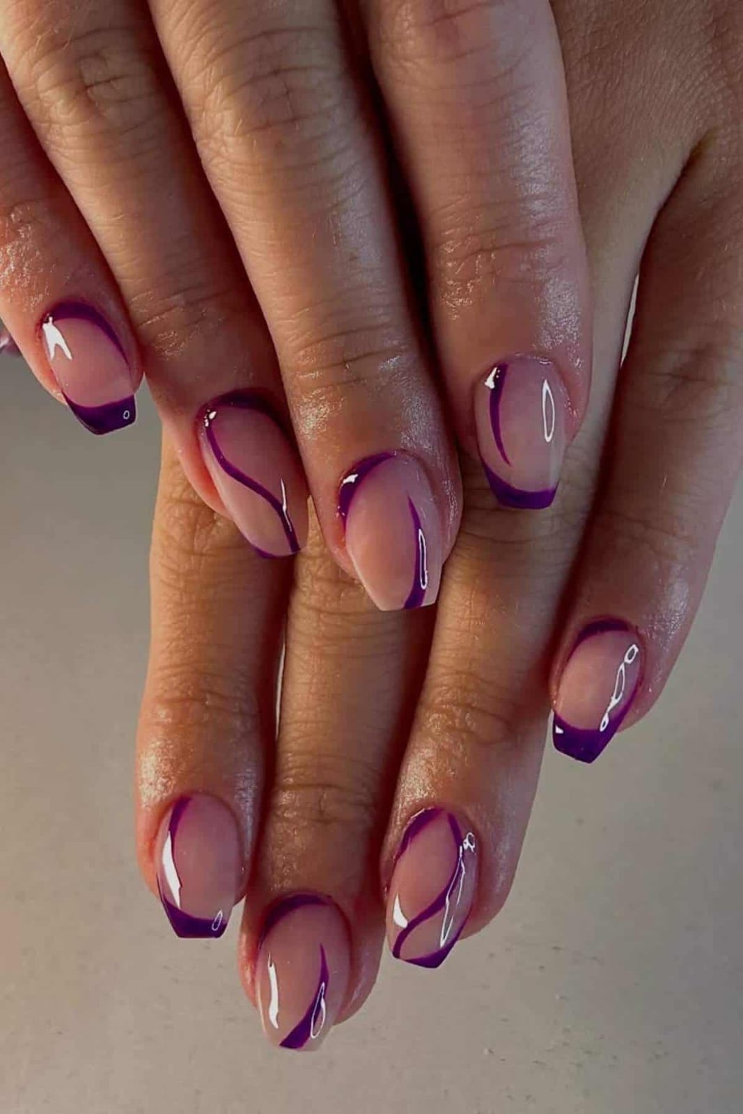 Graphic Purple Lines Deep French Tips — Short Purple French Tip Nails 2027