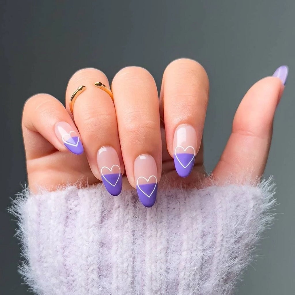 Purple Heart Accent French Tips Short Almond, Glossy — Short Purple French Tip Nails 2027