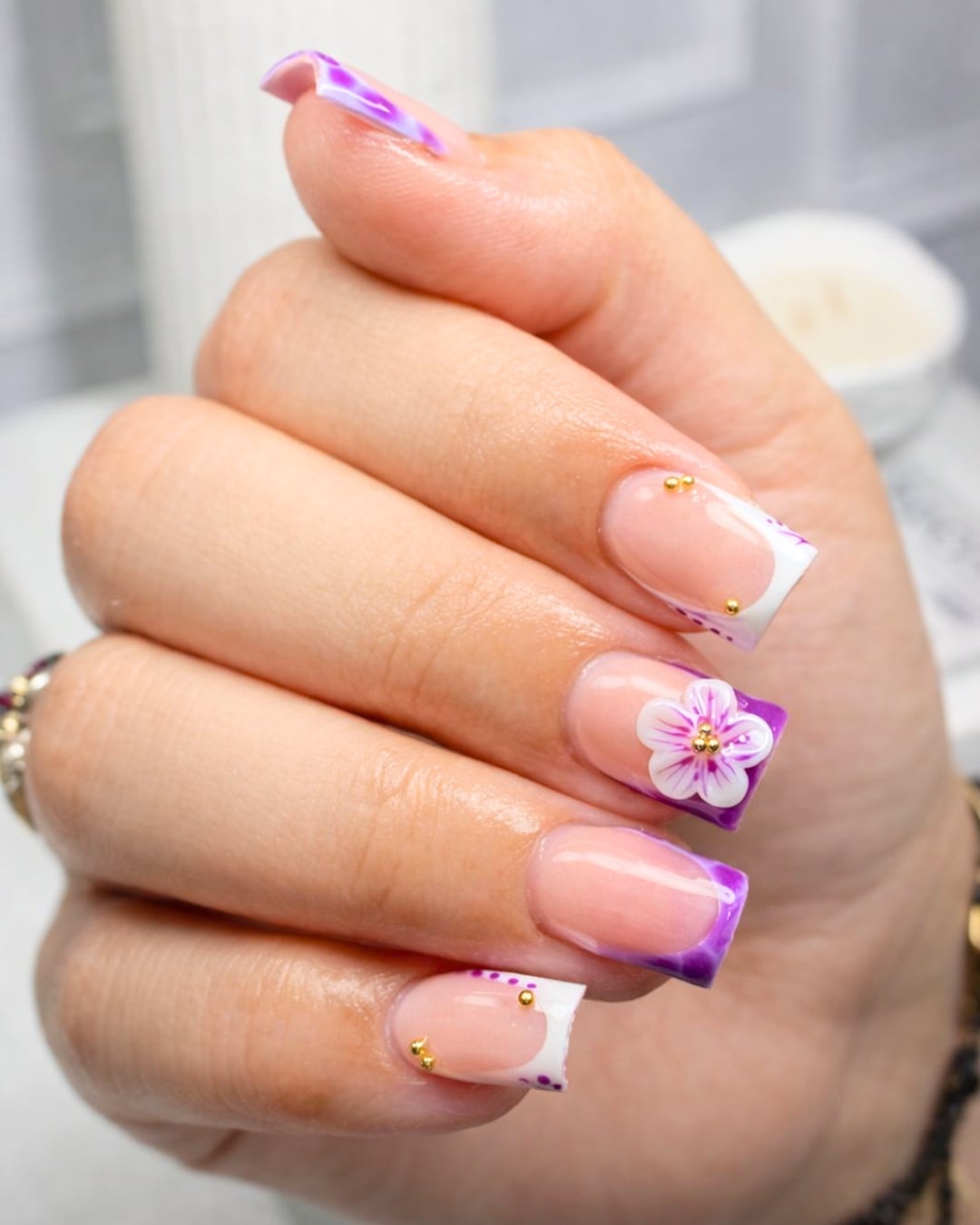 Purple French Tips with 3D Flower Accent — Short Purple French Tip Nails 2027