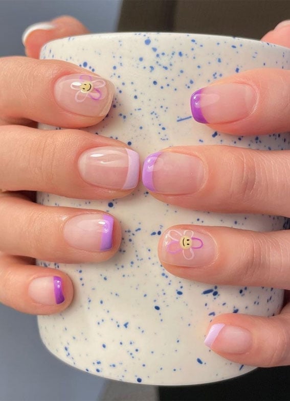 Purple Floral Smiley Face Short Square Nails — Short Purple French Tip Nails 2027