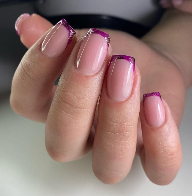 Glitter Accent Purple French Tips Short Almond — Short Purple French Tip Nails 2027