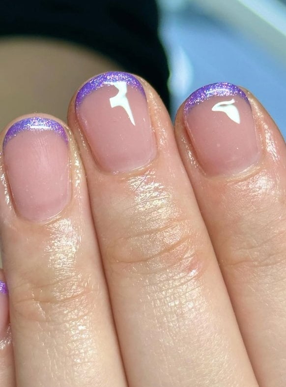 Bright Purple Glitter French Tips Short Square, Glossy — Short Purple French Tip Nails 2027