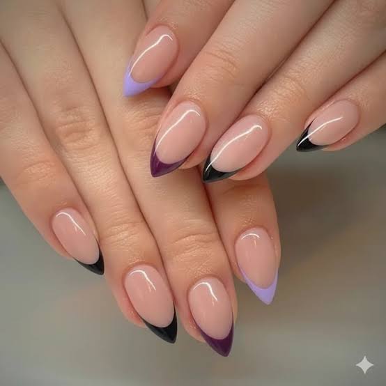 Purple and Black Color Block French Tips — Short Purple French Tip Nails 2027