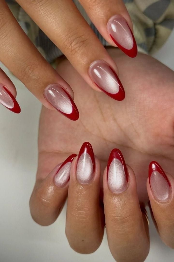 Medium Stiletto Cat-Eye Red French Tips Medium Stiletto Cat-Eye Red French Tips — Short Red French Tip Nails 2027