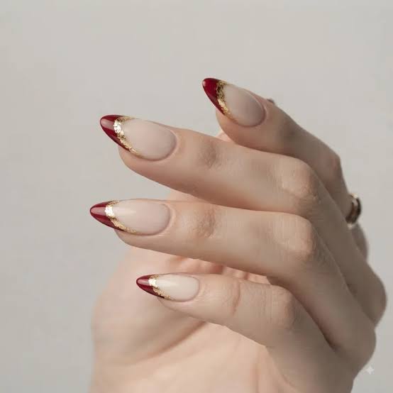 Medium Almond Gold Foil Red French Tips Medium Almond Gold Foil Red French Tips — Short Red French Tip Nails 2027