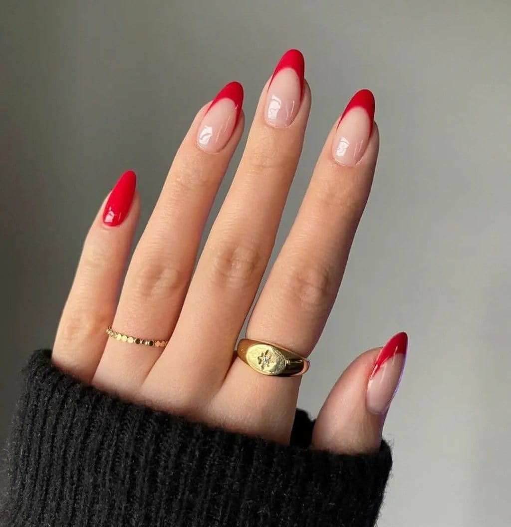 Medium Almond Vibrant Red French Tips Medium Almond Vibrant Red French Tips — Short Red French Tip Nails 2027