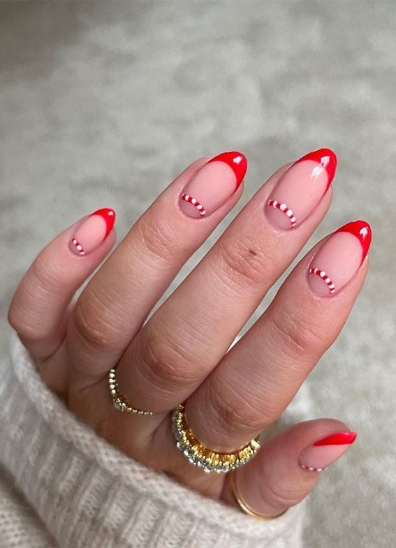 Medium Almond Candy Cane Stripe French Medium Almond Candy Cane Stripe French — Short Red French Tip Nails 2027