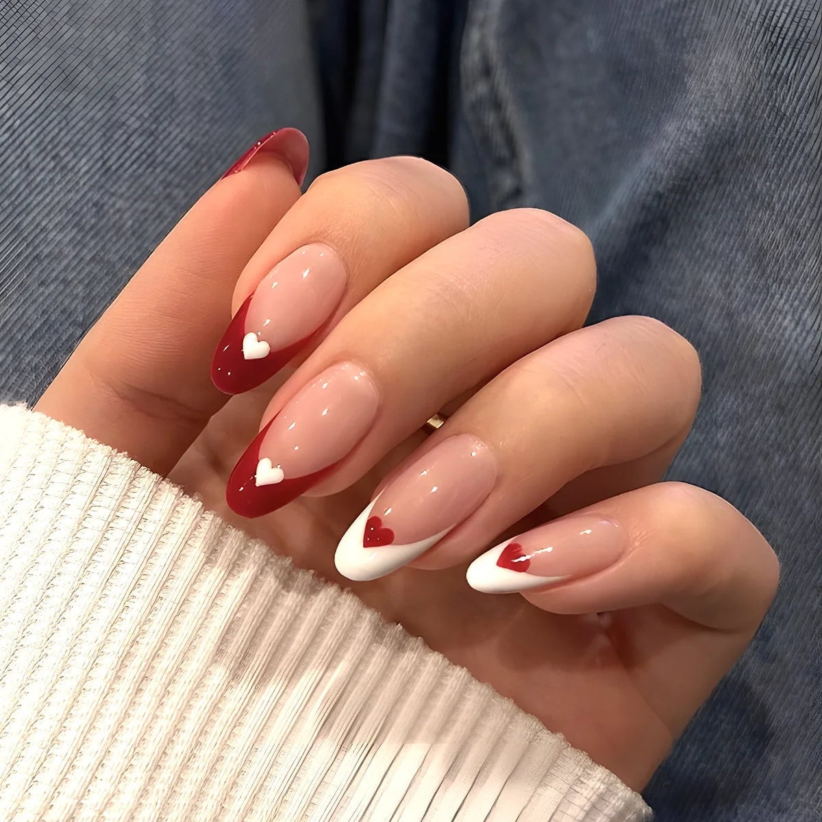 Medium Almond Red White Tips With Hearts Medium Almond Red White Tips With Hearts — Short Red French Tip Nails 2027