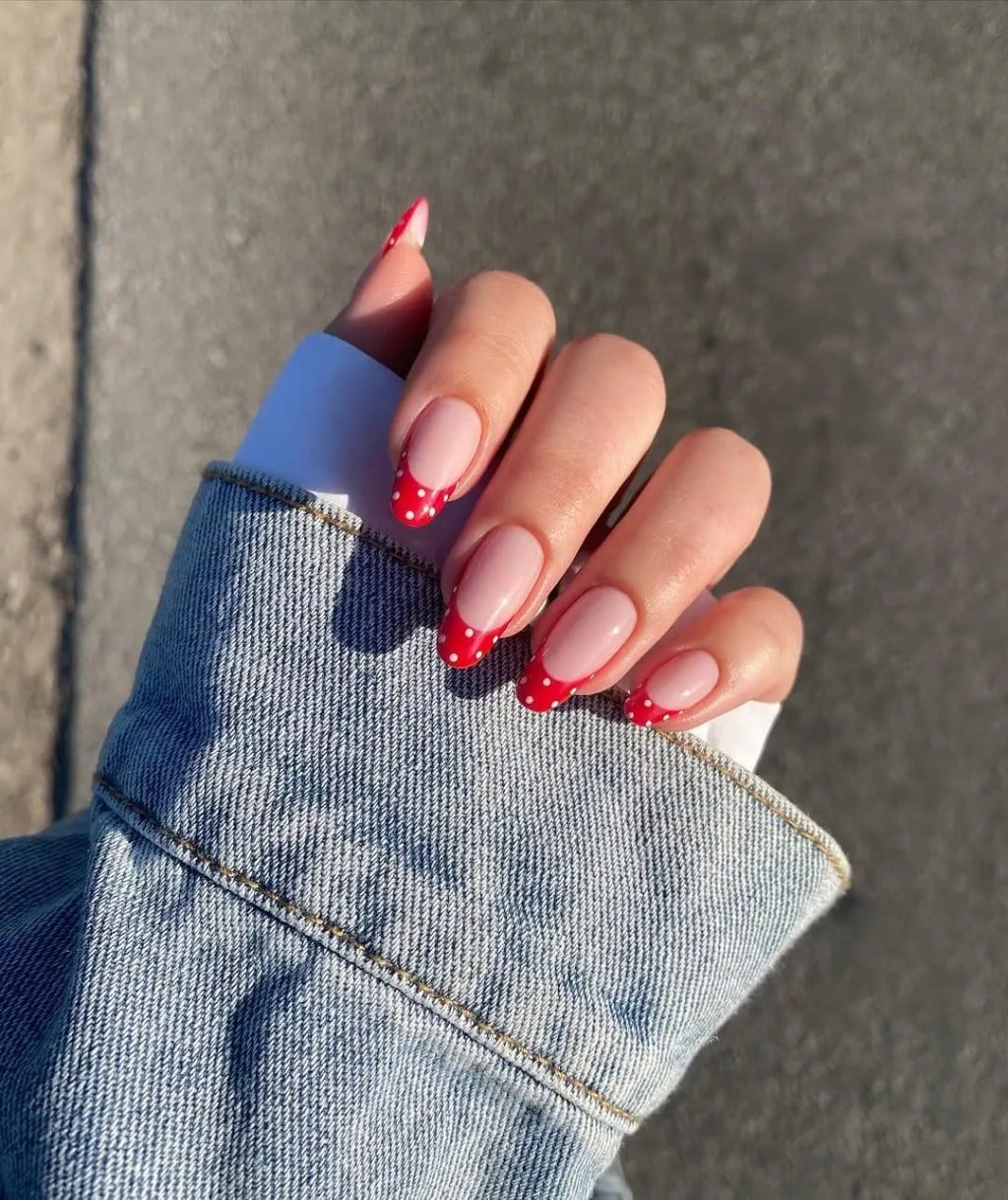 Short Almond Red Tips With White Polka Dots Short Almond Red Tips With White Polka Dots — Short Red French Tip Nails 2027