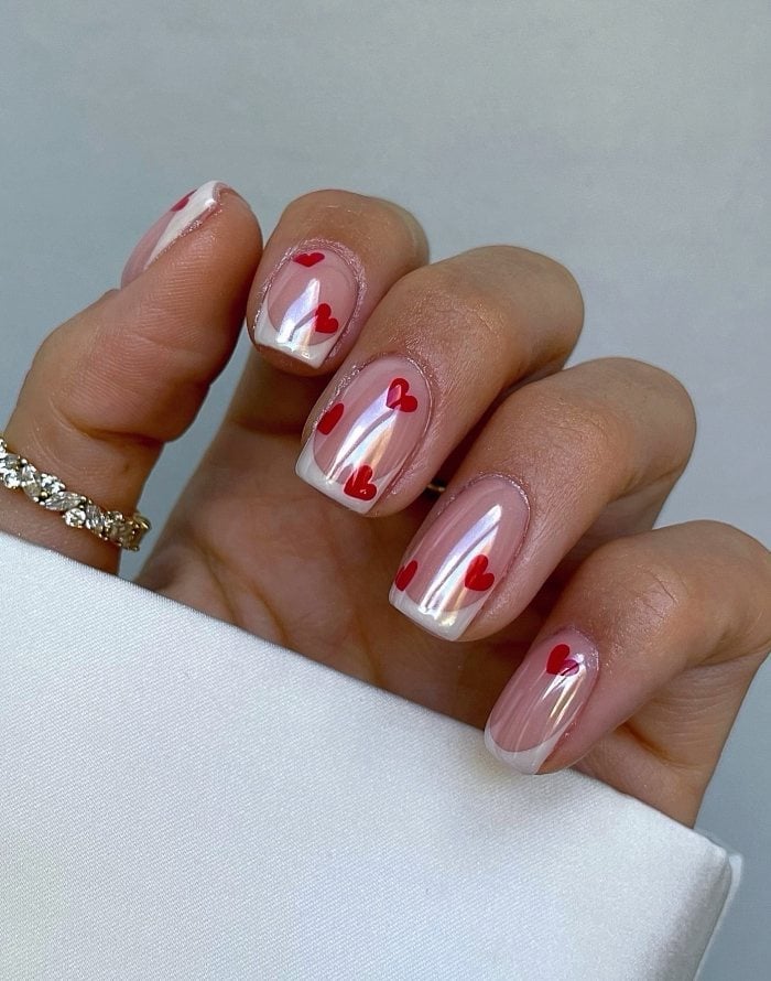Short Square White Tips Red Hearts Chrome Short Square White Tips Red Hearts Chrome — Short Red French Tip Nails 2027