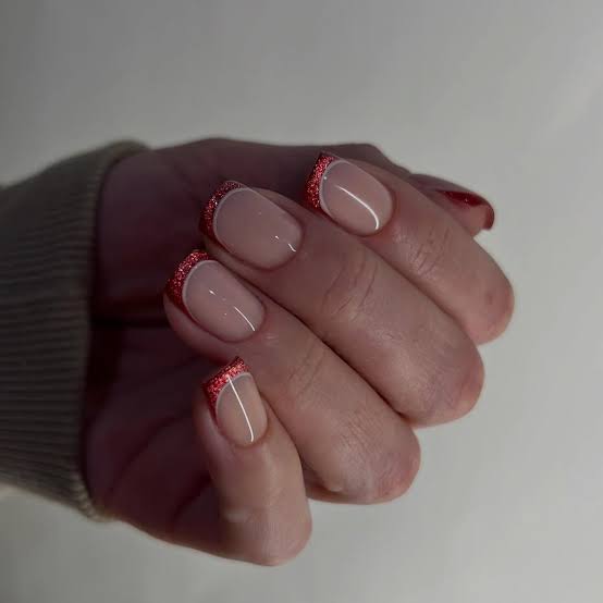 Short Almond Glitter Red French Tips Short Almond Glitter Red French Tips — Short Red French Tip Nails 2027
