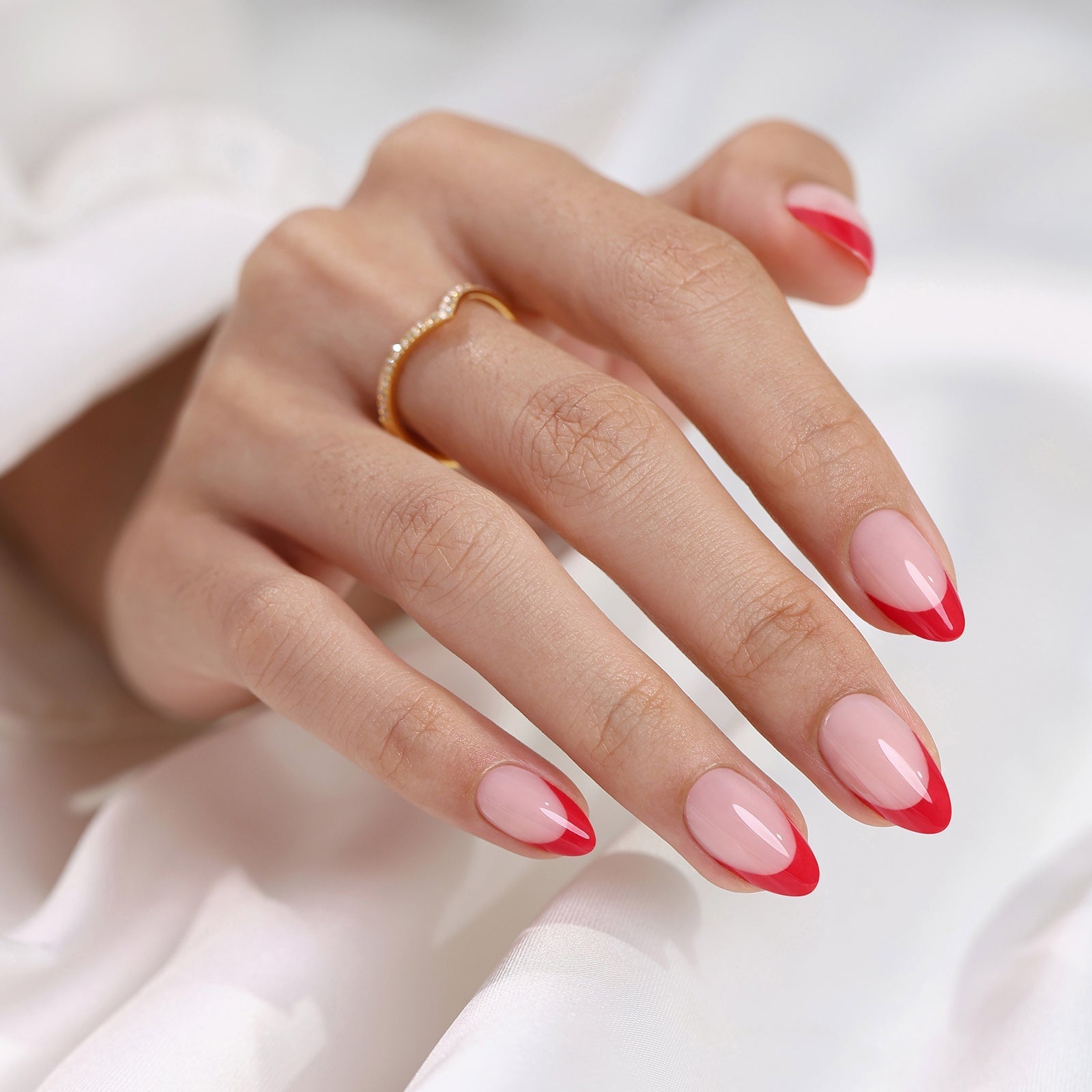 Short Almond Nude Base Red Tips, Close-Up Take Short Almond Nude Base Red Tips, Close-Up Take — Short Red French Tip Nails 2027