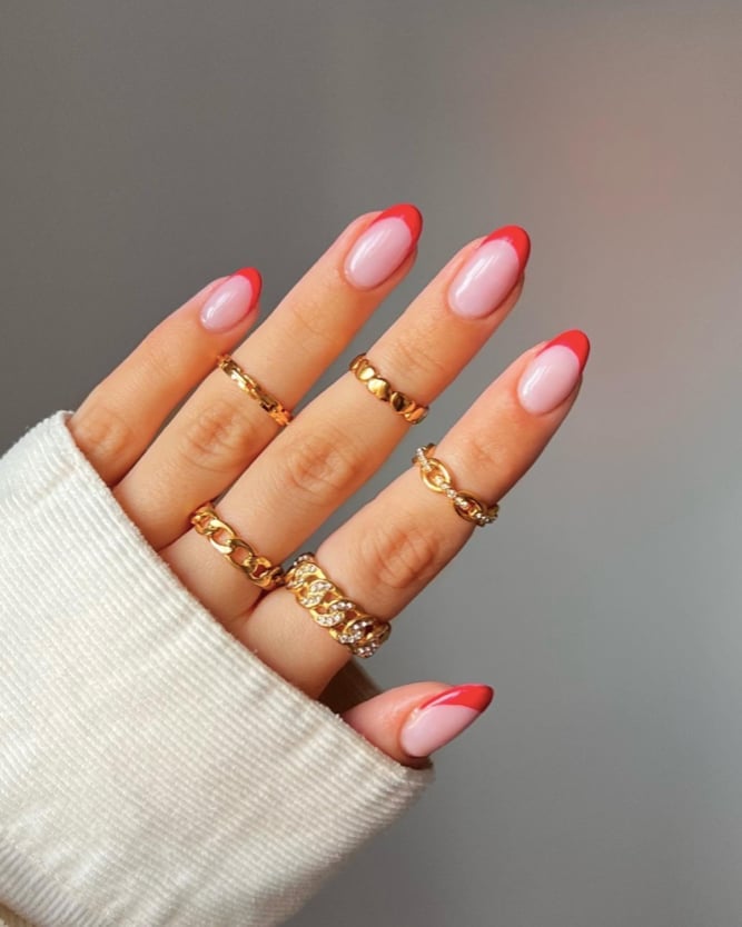 Short Almond Vibrant Glossy Red Tips, Everyday Version Short Almond Vibrant Glossy Red Tips, Everyday Version — Short Red French Tip Nails 2027