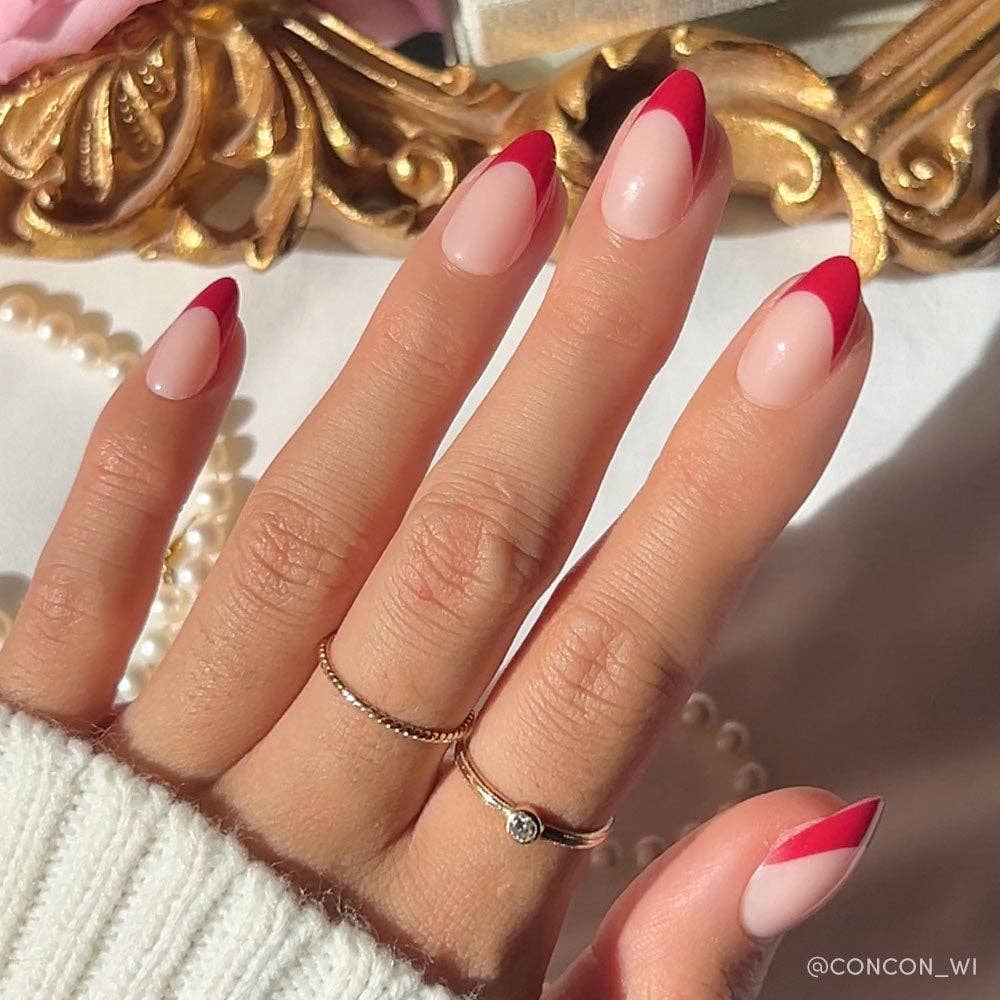Short Almond Sharp Red French Tips Short Almond Sharp Red French Tips — Short Red French Tip Nails 2027