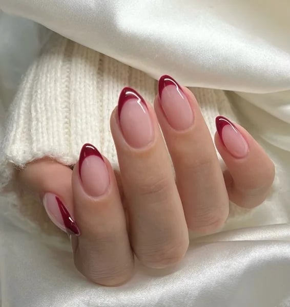 Short Oval Deep Red French Tips, Sheer Nude Base Short Oval Deep Red French Tips, Sheer Nude Base — Short Red French Tip Nails 2027