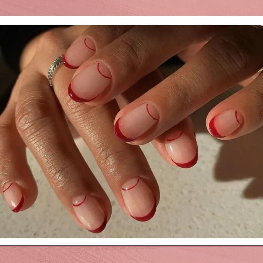 Short Almond Double Red Line French Short Almond Double Red Line French — Short Red French Tip Nails 2027