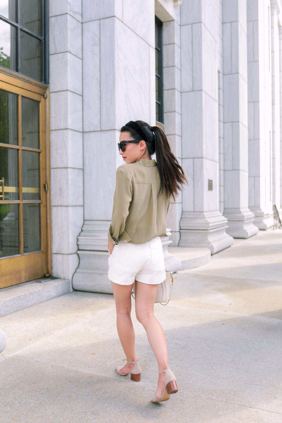 Olive green silk shirt with white high-waisted, Office-Safe Version Olive green silk shirt with white high-waisted, Office-Safe Version — Silk Blouse Outfits 2027