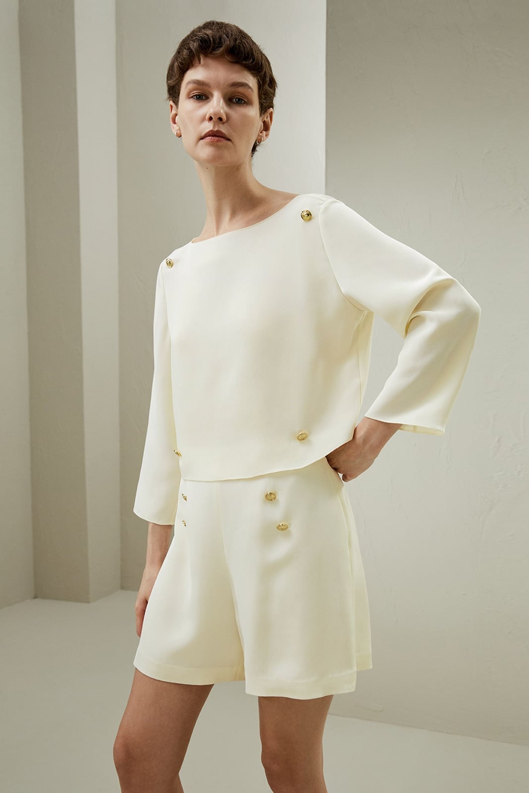 Cream silk top with decorative gold buttons, Close-Up Take Cream silk top with decorative gold buttons, Close-Up Take — Silk Blouse Outfits 2027