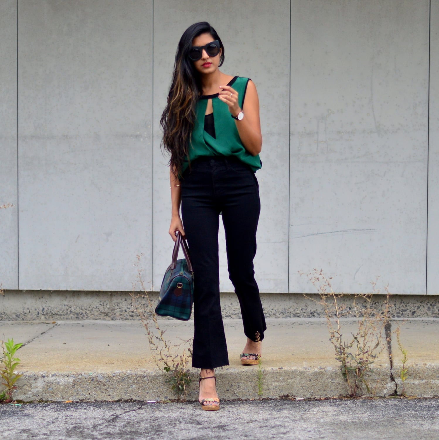 Green sleeveless top with black crop flare trousers Green sleeveless top with black crop flare trousers — Silk Blouse Outfits 2027