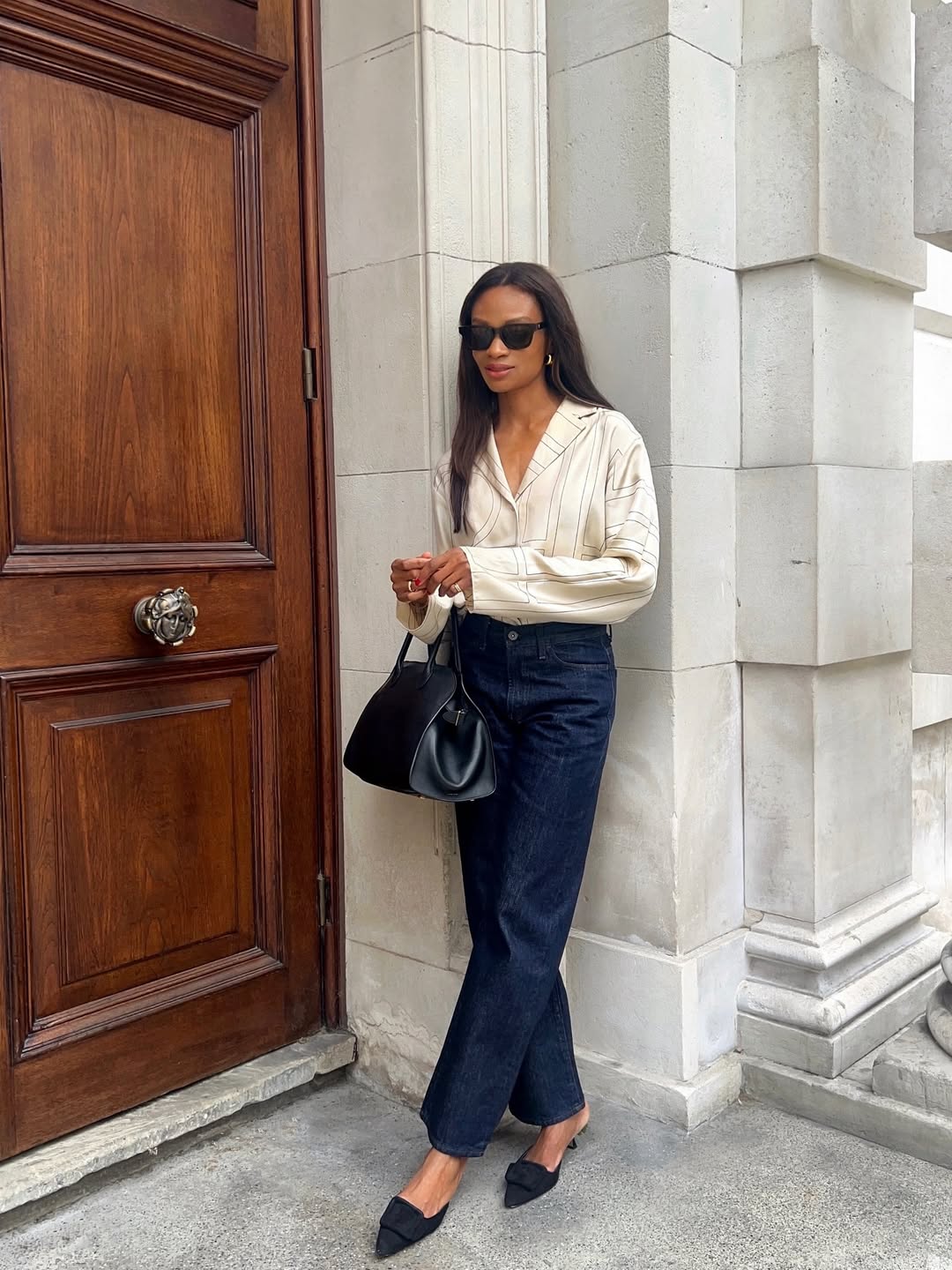 Cream and blue striped silk blouse with wide-leg jeans Cream and blue striped silk blouse with wide-leg jeans — Silk Blouse Outfits 2027