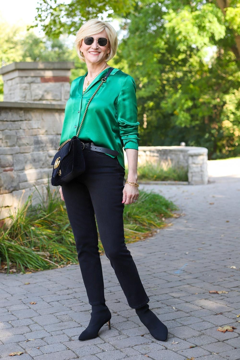 Vibrant green silk shirt with black slim-fit trousers Vibrant green silk shirt with black slim-fit trousers — Silk Blouse Outfits 2027