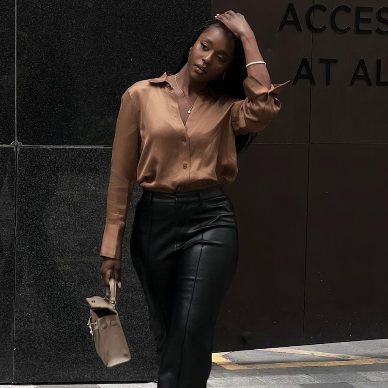 Brown silk blouse with black faux leather trousers Brown silk blouse with black faux leather trousers — Silk Blouse Outfits 2027