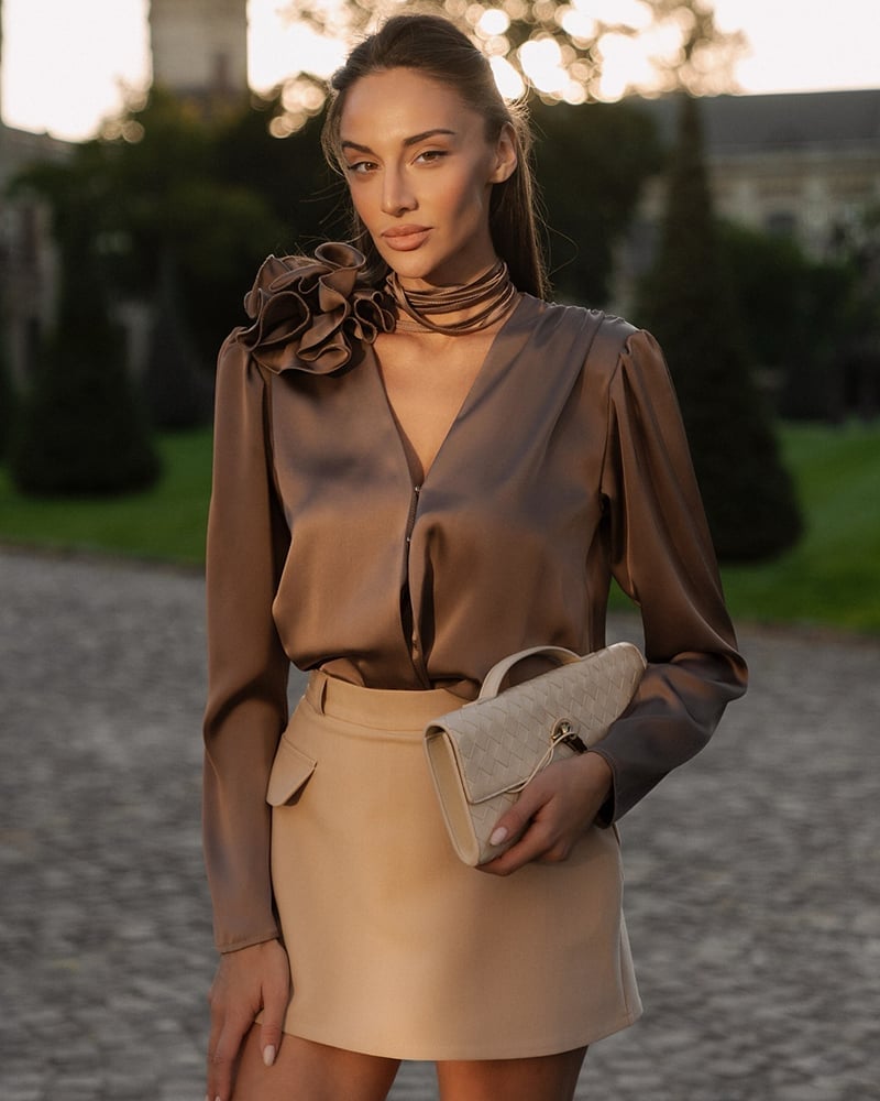 Brown silk satin blouse with fabric flower detail and mini skirt Brown silk satin blouse with fabric flower detail and mini skirt — Silk Blouse Outfits 2027