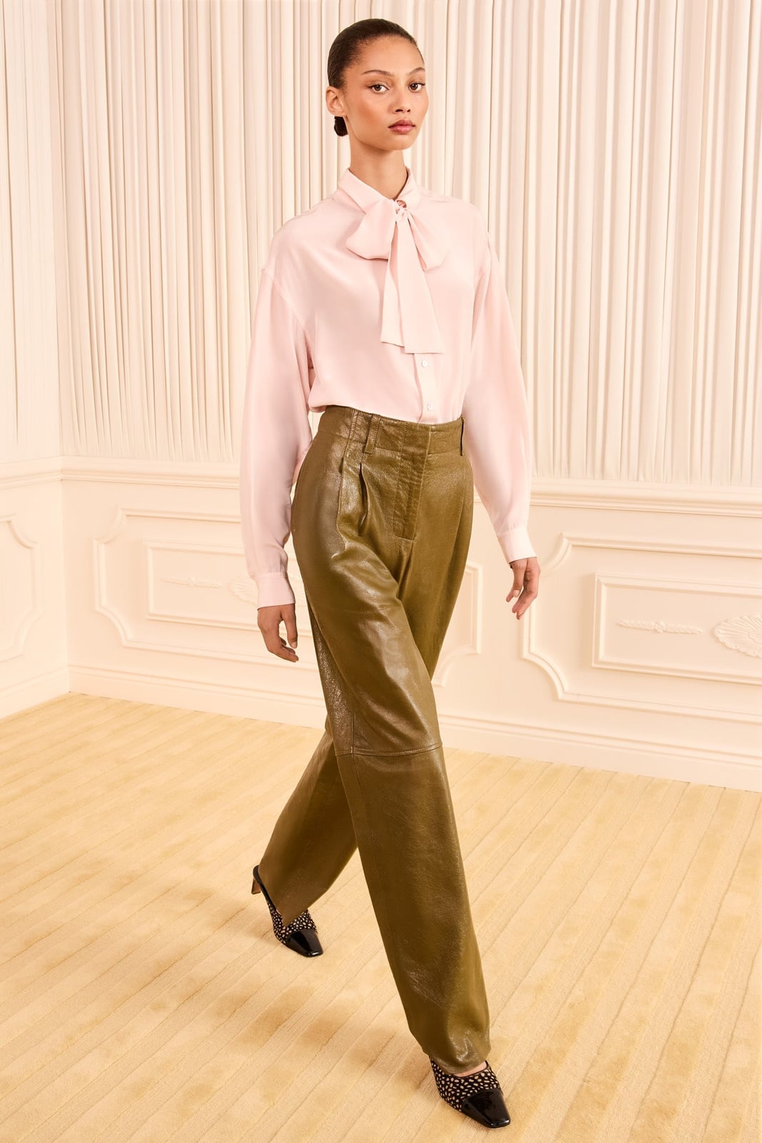 Pale pink silk bow-neck blouse with olive green, Office-Safe Version Pale pink silk bow-neck blouse with olive green, Office-Safe Version — Silk Blouse Outfits 2027