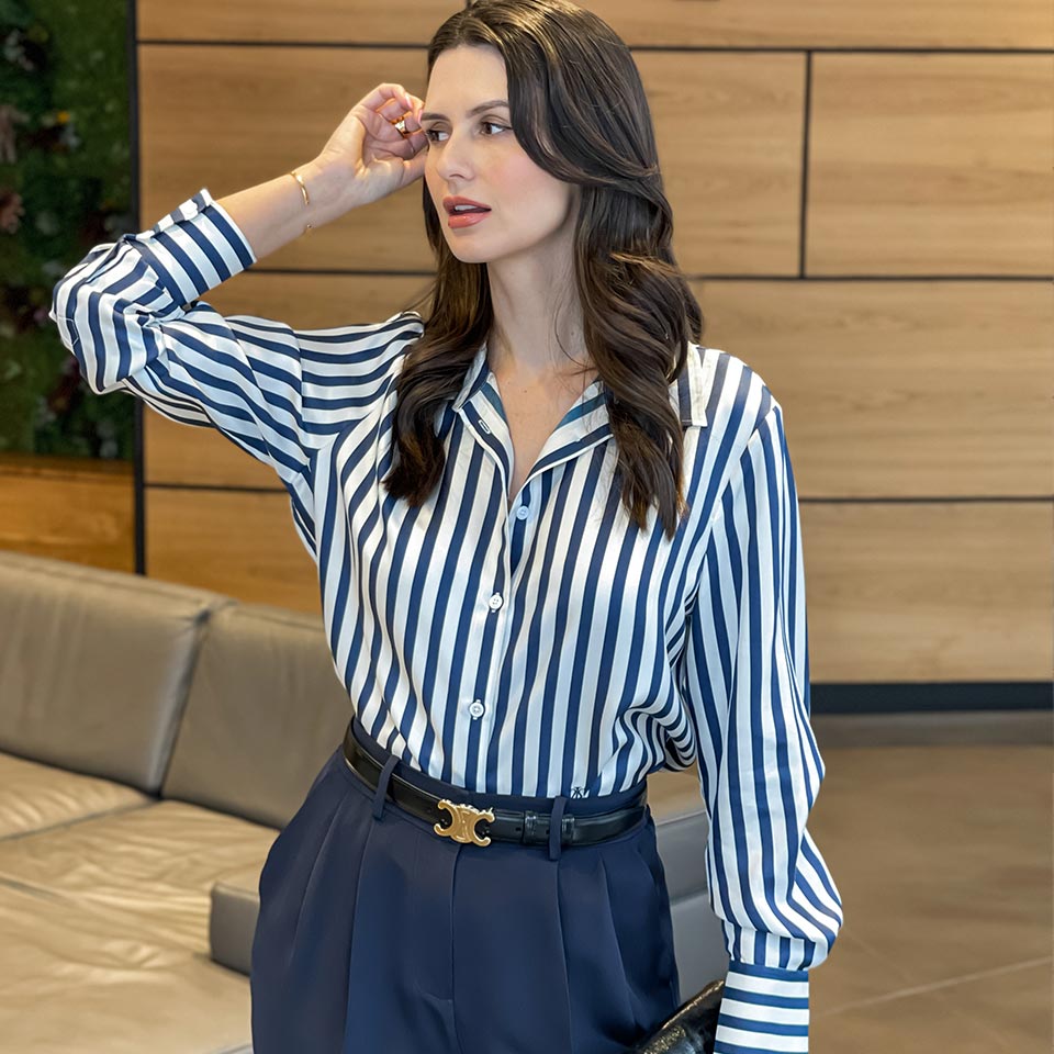 Navy and white striped silk blouse with navy wide-leg, Close-Up Take Navy and white striped silk blouse with navy wide-leg, Close-Up Take — Silk Blouse Outfits 2027