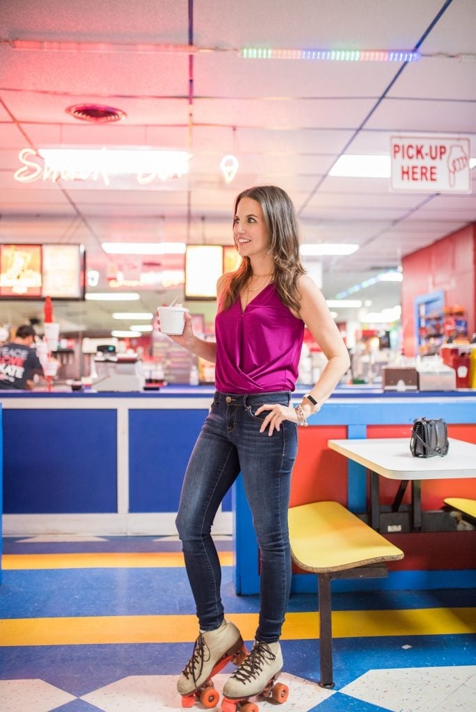 Wrap Top With Skinny Jeans And Roller Skates — Skate Outfits for Women 2027