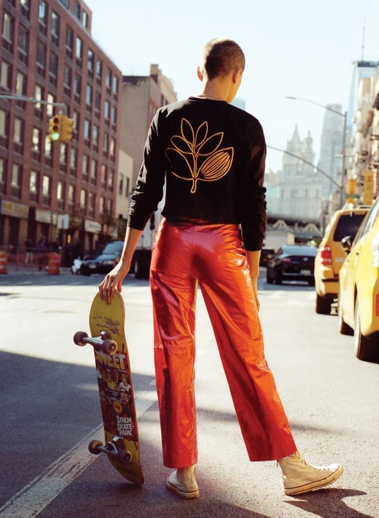 Vinyl Pants With Graphic Long Sleeve Shirt — Skate Outfits for Women 2027