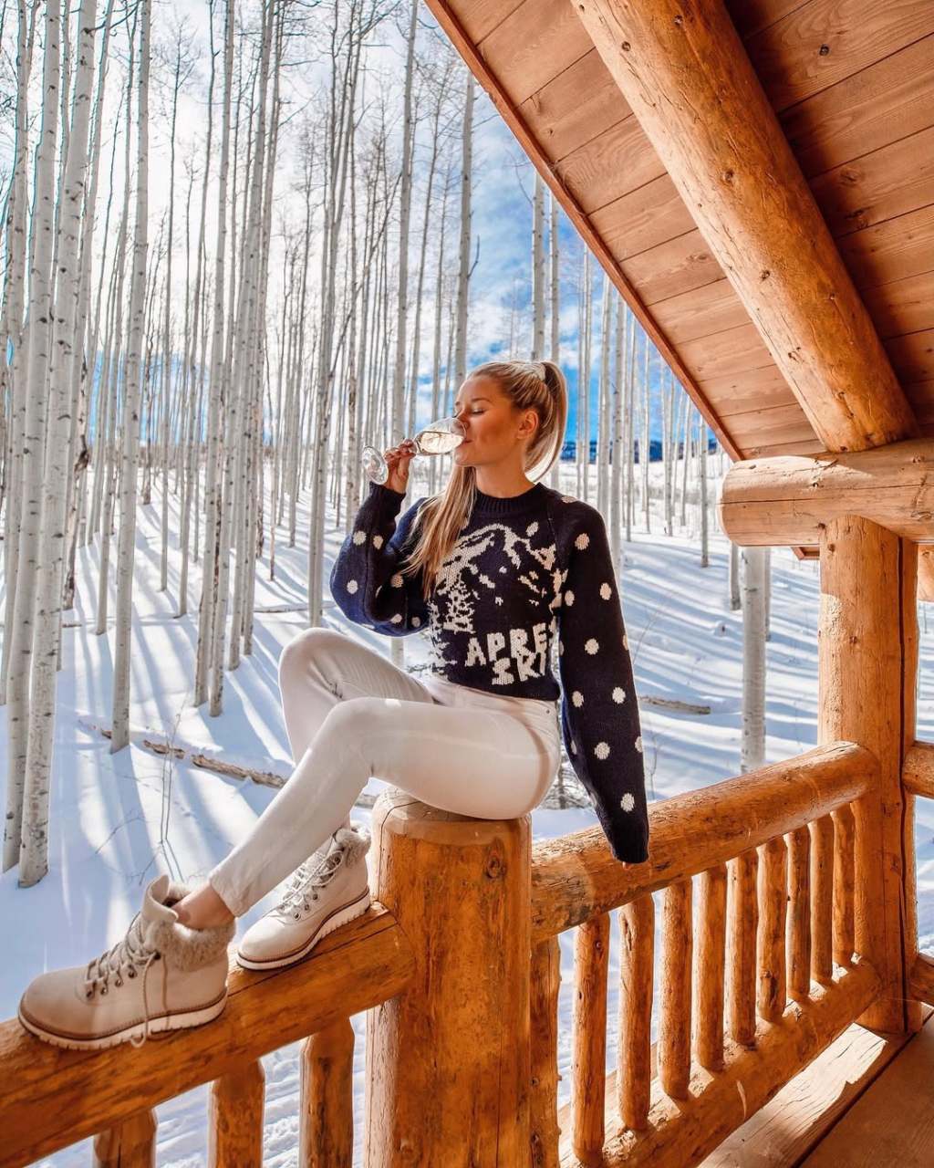 Navy turtleneck with 'apres ski' intarsia knit, Fur-Lined Hiking Boots Navy turtleneck with 'apres ski' intarsia knit, Fur-Lined Hiking Boots — Ski Trip Outfits 2027