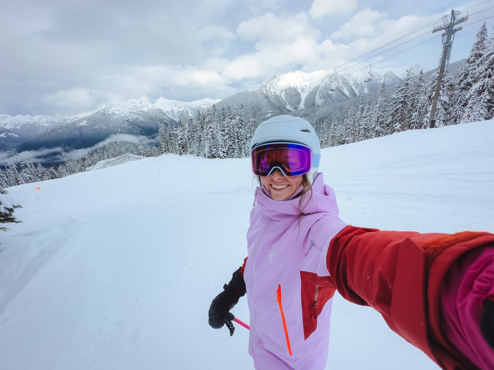 Bright pink ski suit with red sleeves Bright pink ski suit with red sleeves — Ski Trip Outfits 2027