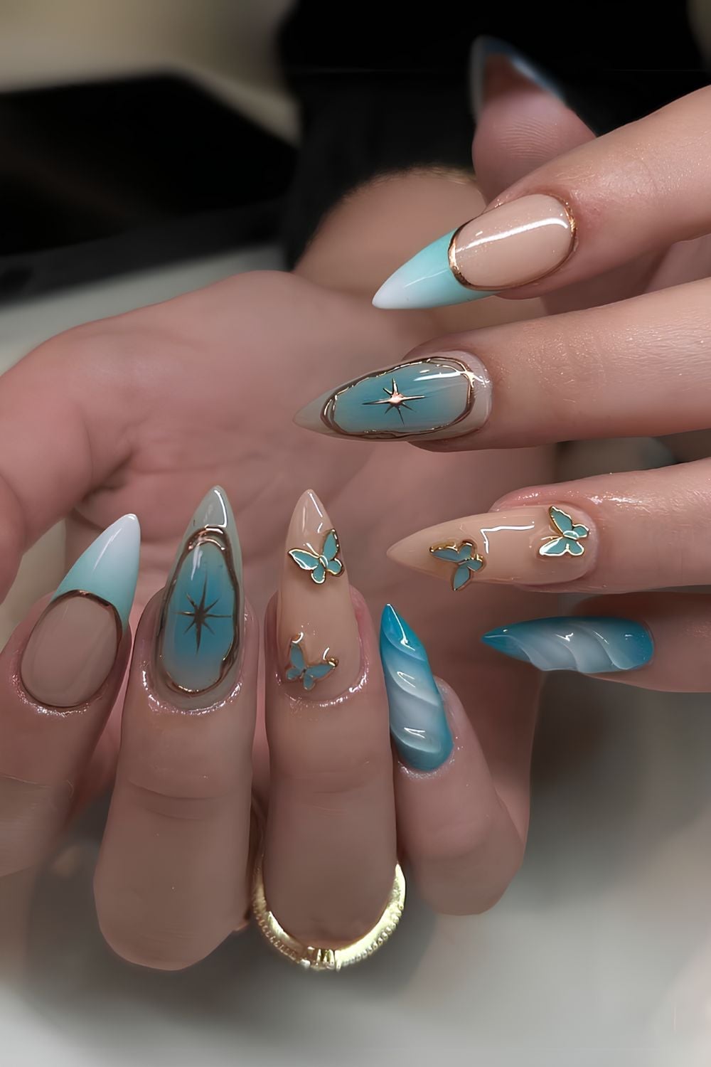 Ethereal Stiletto Nails With Airbrushed Gradients Ethereal Stiletto Nails With Airbrushed Gradients — Sky Blue Nails 2027