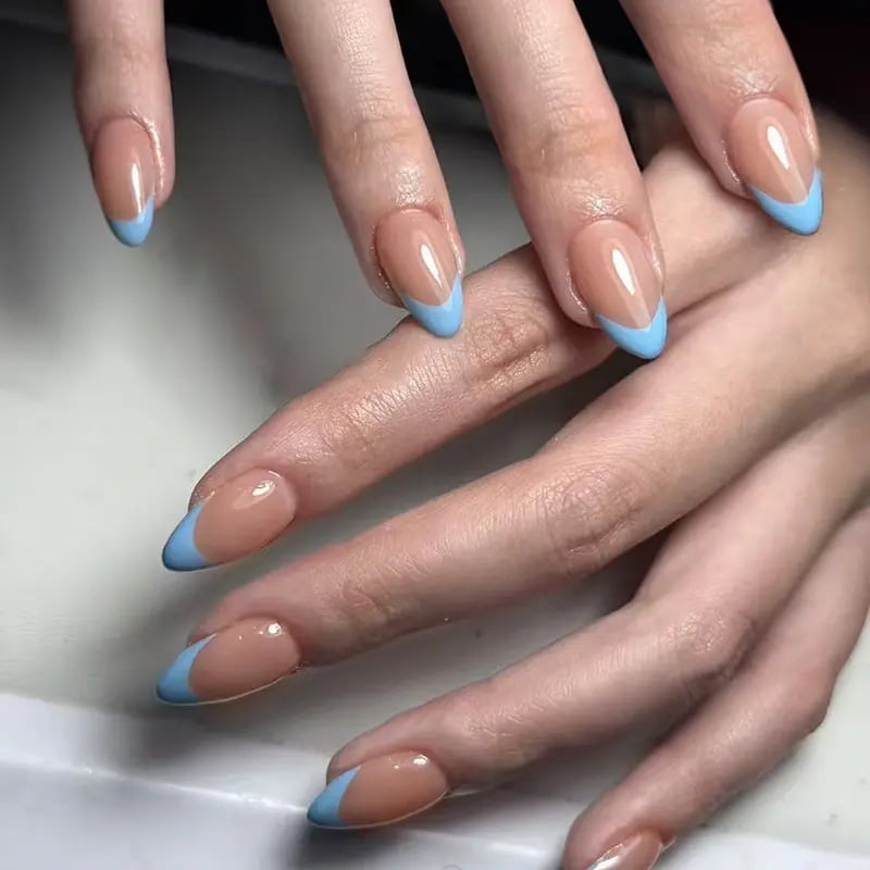 Medium Almond French Tip With Sky Blue Tips Medium Almond French Tip With Sky Blue Tips — Sky Blue Nails 2027