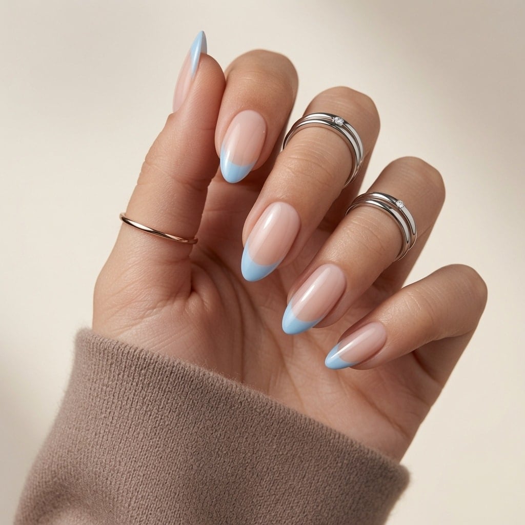 Sheer Nude With Sky Blue French Tips Sheer Nude With Sky Blue French Tips — Sky Blue Nails 2027