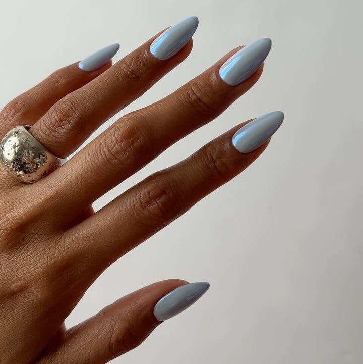 Pale Milky Sky Blue Long Almond Nails Pale Milky Sky Blue Long Almond Nails — Sky Blue Nails 2027